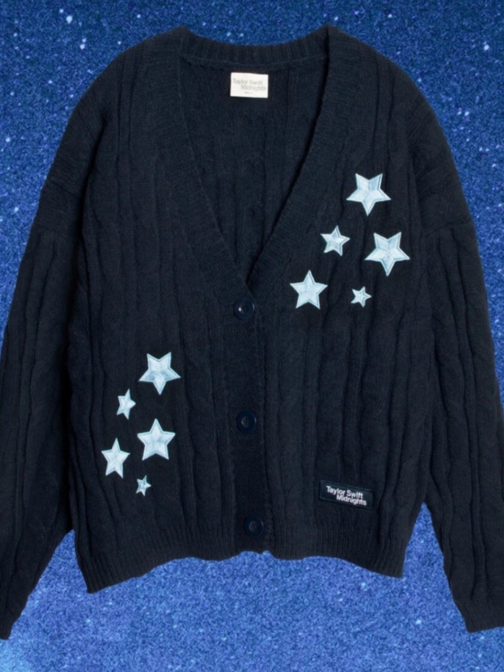 Taylor Swift Black Cardigan with Light Blue Star Appliqués